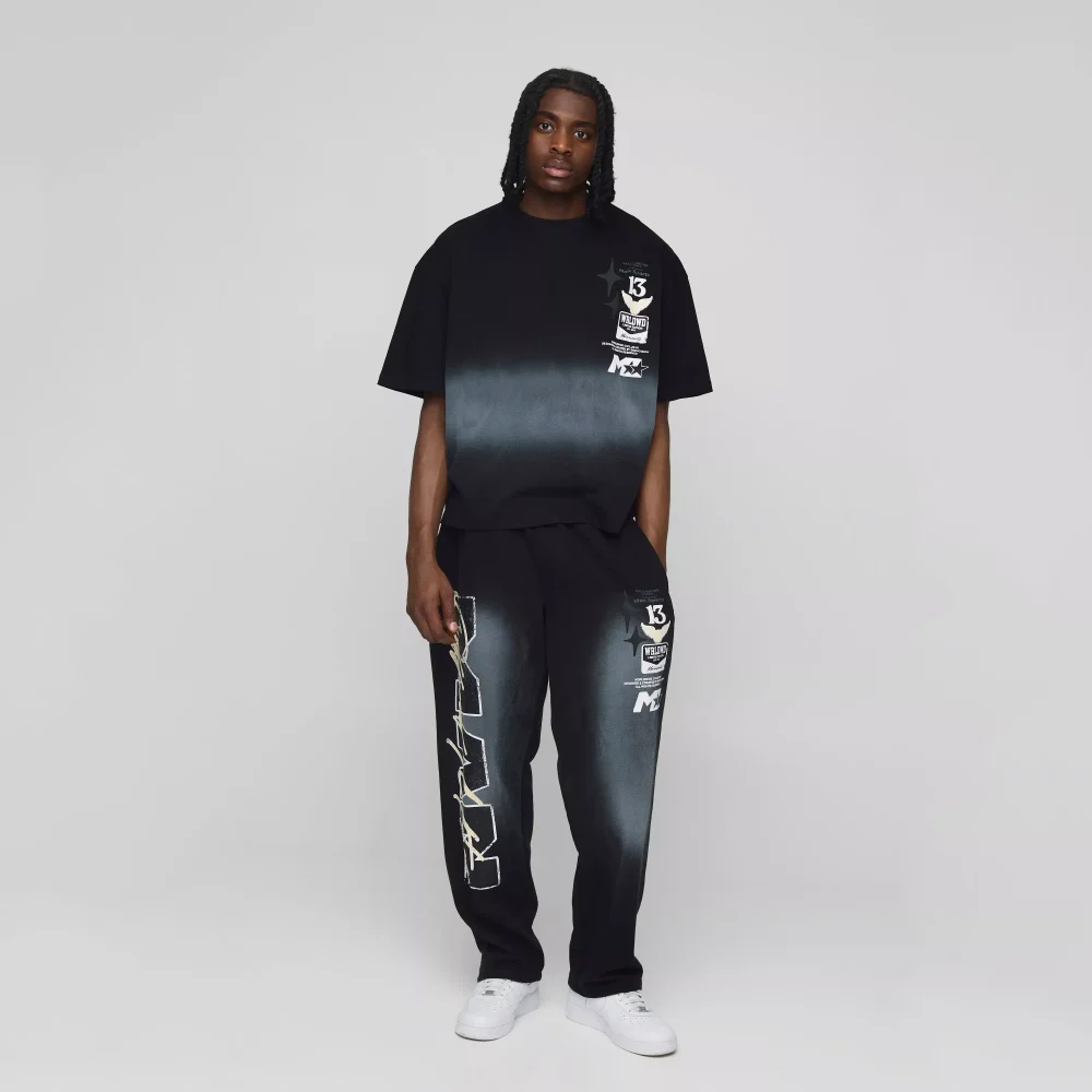 Oversized Mesh Layer Varsity Printed Gusset T-Shirt & Jogger Set
